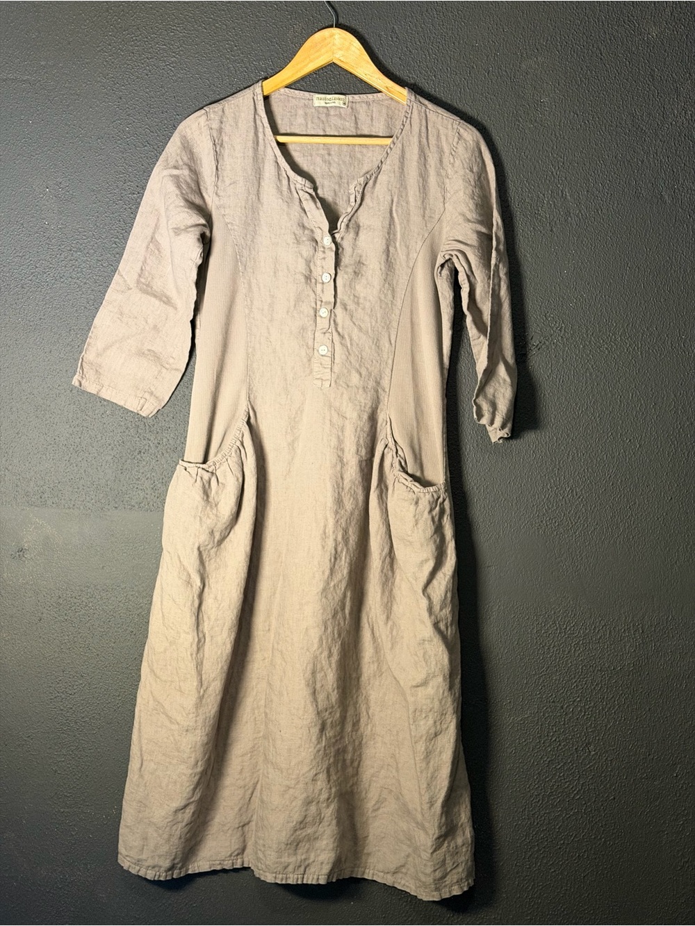 Relaxed Long-Sleeve Henley Dress in Light Taupe